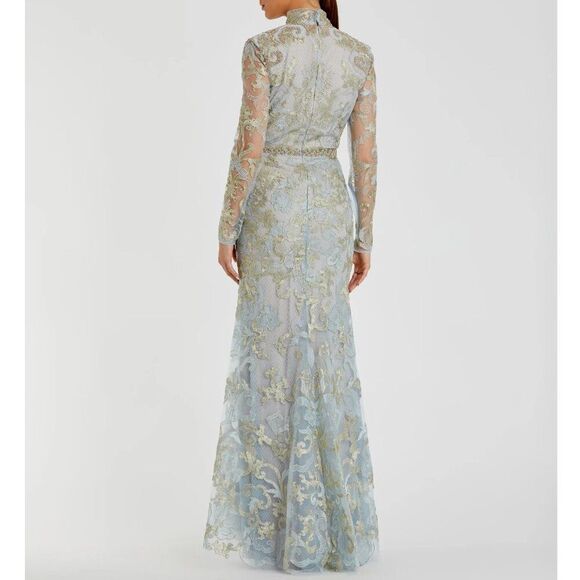 Mac Duggal 11165 Size 2 Light‎ Blue Gold Long Sleeve Applique V-Neck Gown Dress - Picture 4 of 4